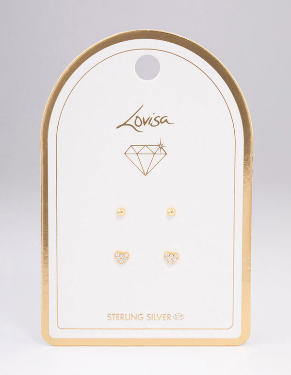 Gold Plated Sterling Silver Diamante & Heart Stud Earring Pack