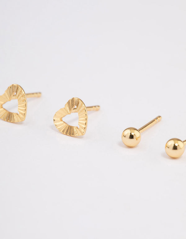 Gold Plated Sterling Silver Textured Heart Stud Earring Pack