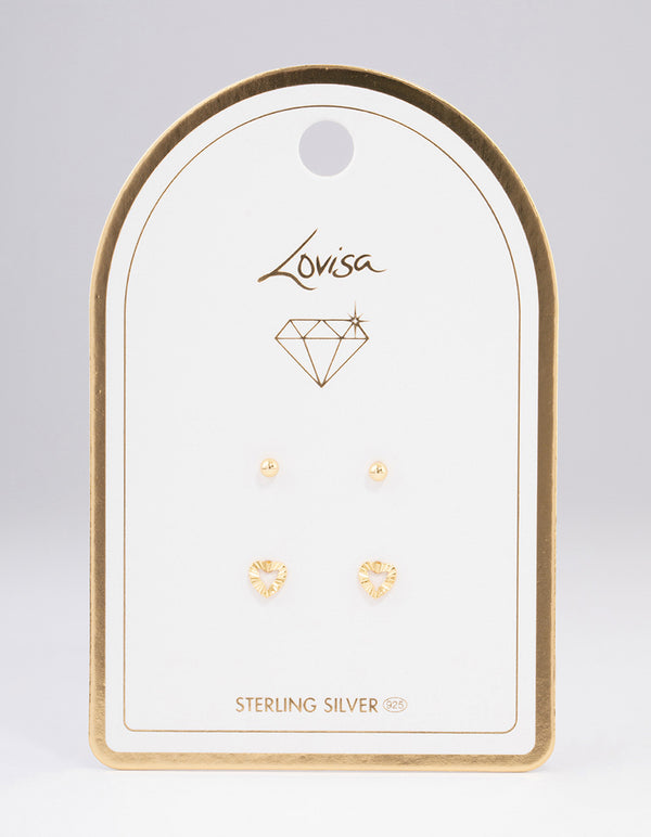 Gold Plated Sterling Silver Textured Heart Stud Earring Pack