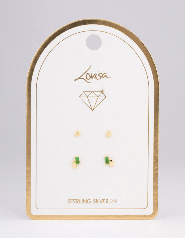 Gold Plated Sterling Silver Diamante & Baguette Stud Earring Pack