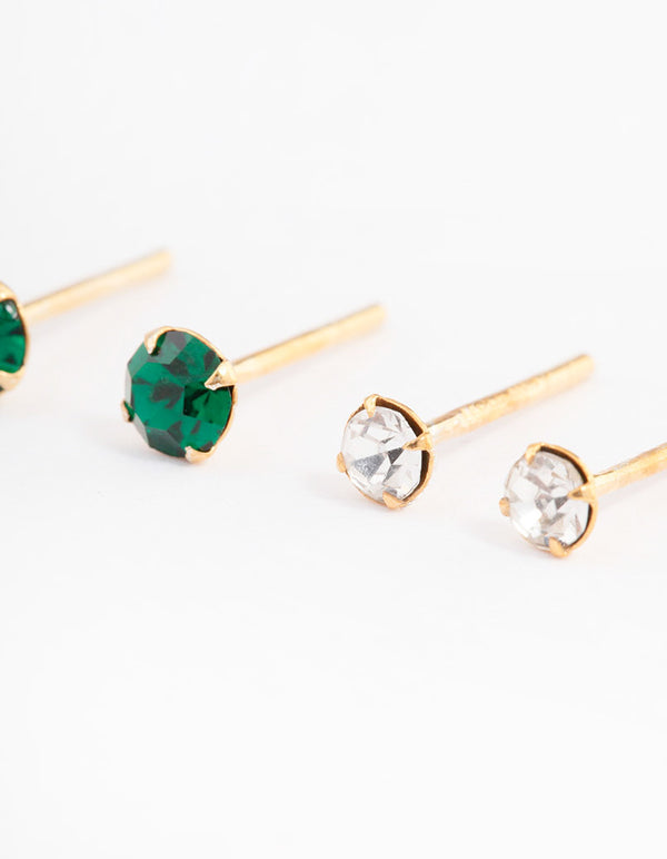 Gold Plated Sterling Silver Green & Diamante Stud Earring Pack