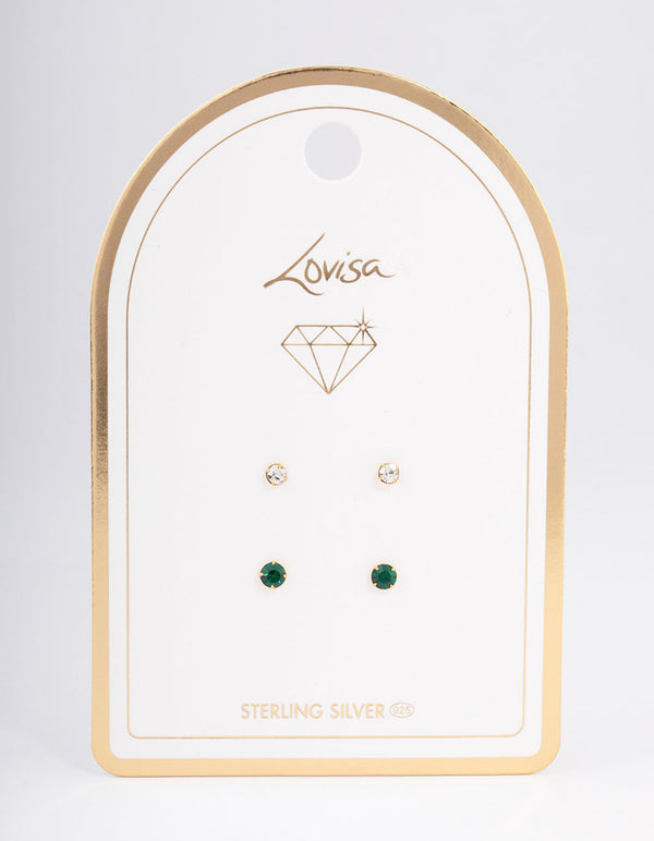Gold Plated Sterling Silver Green & Diamante Stud Earring Pack