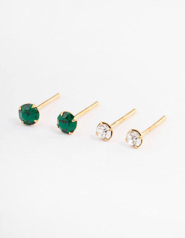 Gold Plated Sterling Silver Green & Diamante Stud Earring Pack