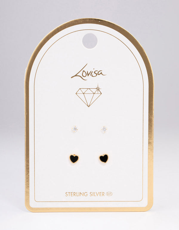 Gold Plated Sterling Silver Diamante & Black Heart Stud Earring Pack
