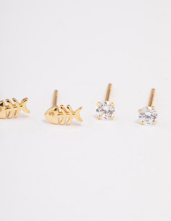 Gold Plated Sterling Silver Diamante & Fish Stud Earring Pack