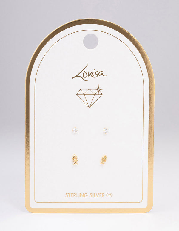 Gold Plated Sterling Silver Diamante & Fish Stud Earring Pack