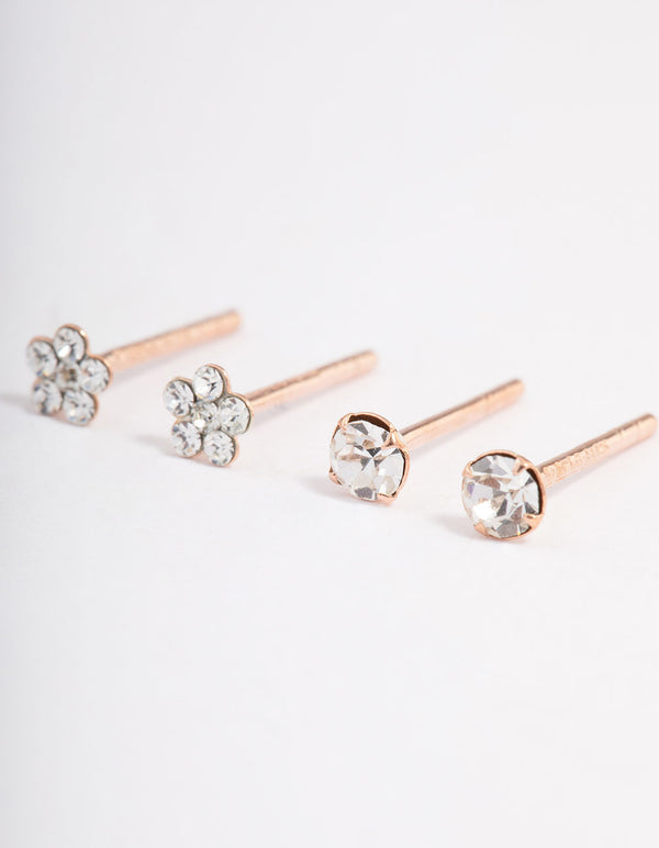 Rose Gold Plated Sterling Silver Diamante & Flower Stud Earring Pack