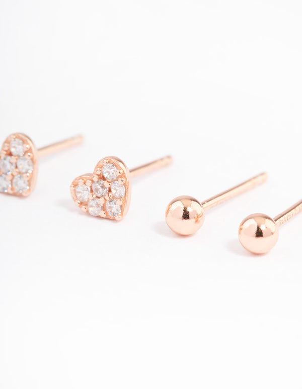 Rose Gold Plated Sterling Silver Diamante & Heart Stud Earring Pack