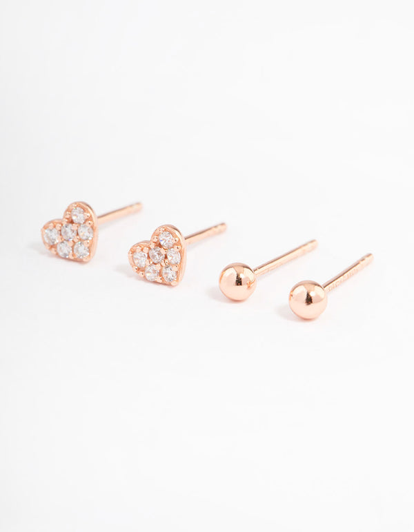 Rose Gold Plated Sterling Silver Diamante & Heart Stud Earring Pack