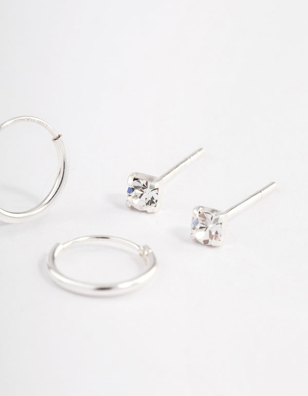 Sterling Silver Diamante Stud & Hoop Earring Pack