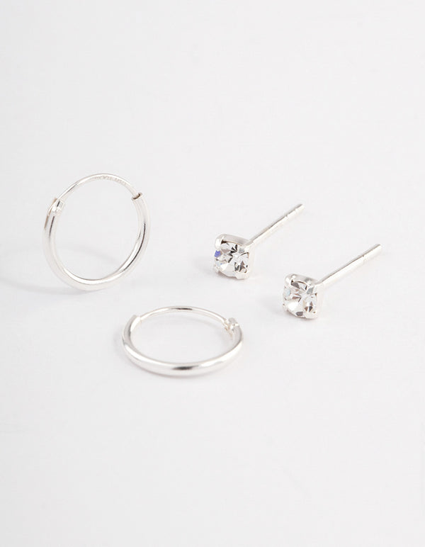Sterling Silver Diamante Stud & Hoop Earring Pack