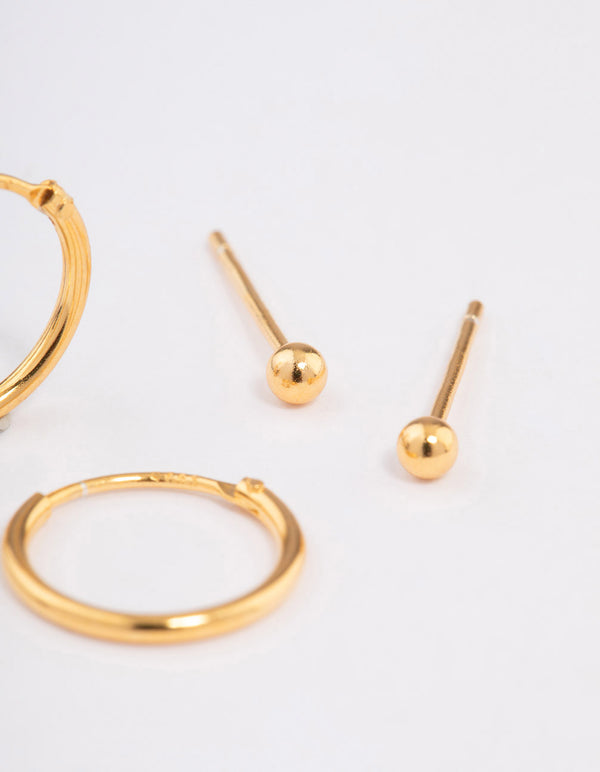 Gold Plated Sterling Silver Stud & Hoop Earring Pack 2mm
