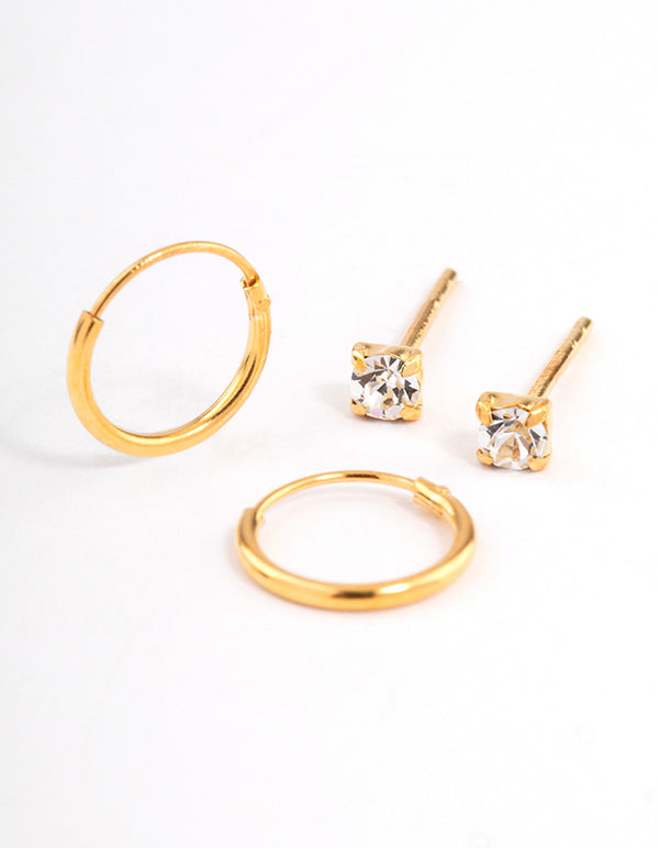 Gold Plated Sterling Silver Diamante Stud & Hoop Earring Pack