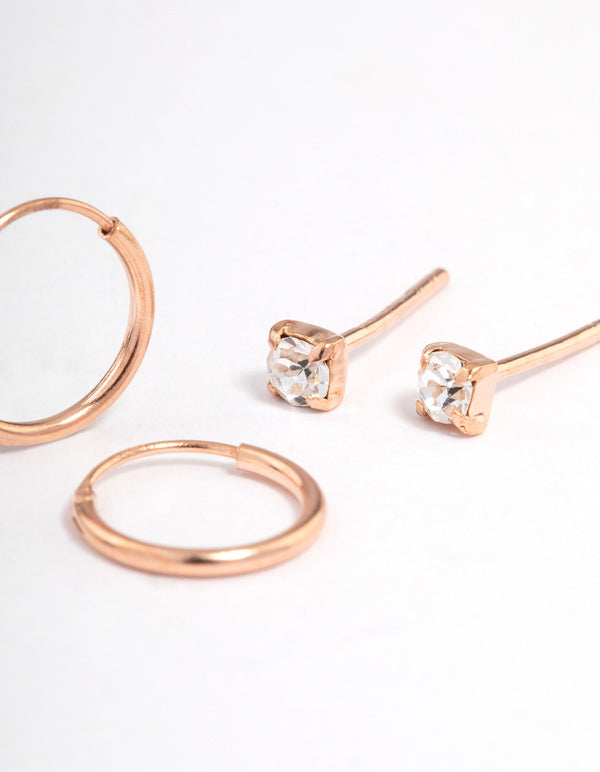Rose Gold Plated Sterling Silver Diamante Stud & Hoop Earring Pack