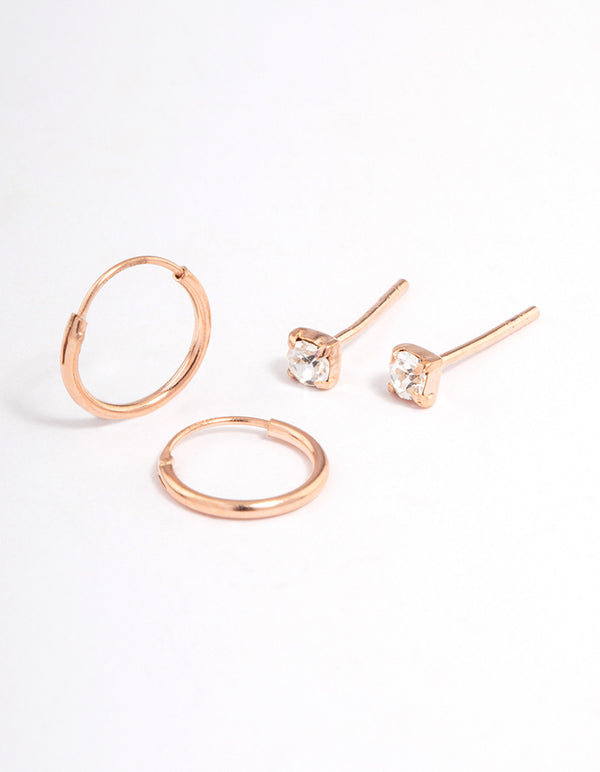 Rose Gold Plated Sterling Silver Diamante Stud & Hoop Earring Pack