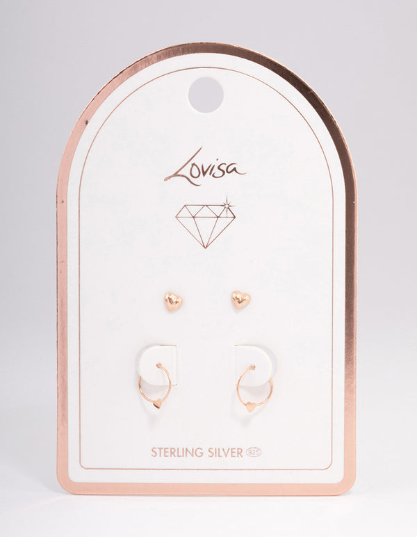 Rose Gold Plated Sterling Silver Heart Stud & Hoop Earring Pack
