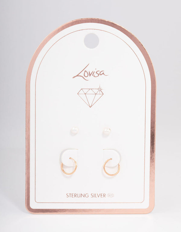 Rose Gold Plated Sterling Silver Pearl Stud & Hoop Earring Pack