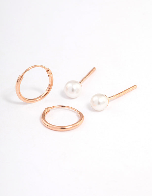 Rose Gold Plated Sterling Silver Pearl Stud & Hoop Earring Pack