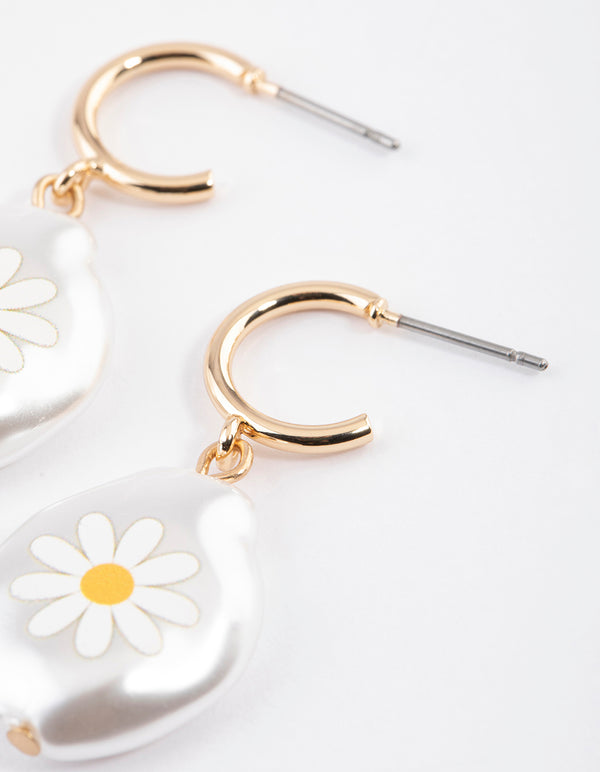 Gold Daisy Flower Pearl Huggie Earrings