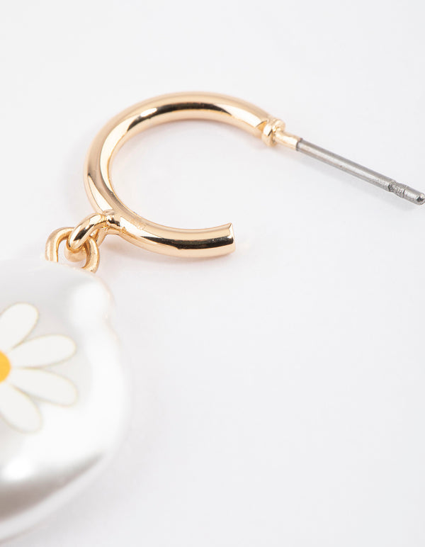 Gold Daisy Flower Pearl Huggie Earrings
