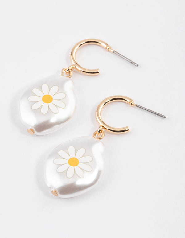 Gold Daisy Flower Pearl Huggie Earrings