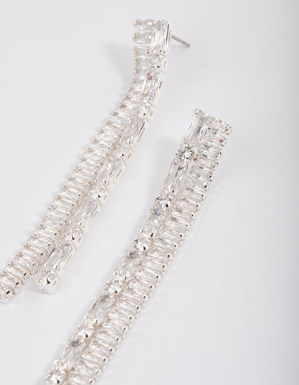 Silver Plated Cubic Zirconia Baguette Double Drop Earrings