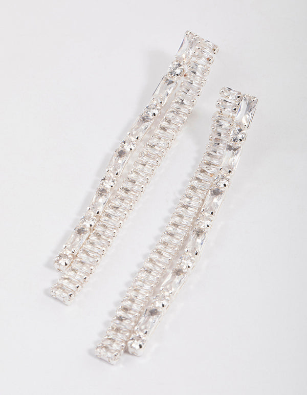 Silver Plated Cubic Zirconia Baguette Double Drop Earrings
