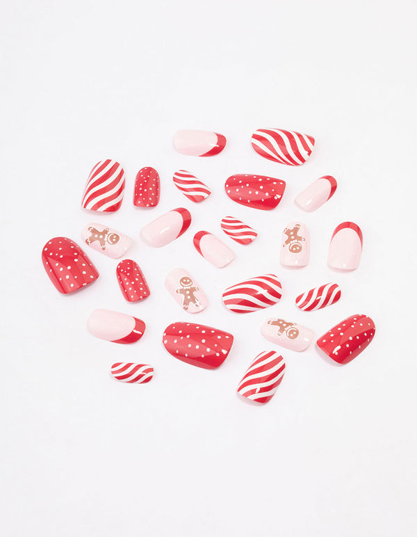 Pink Gingerbread & Red Striped Press On Nails
