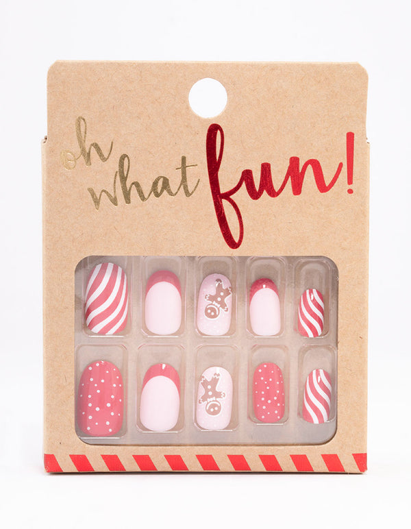 Pink Gingerbread & Red Striped Press On Nails