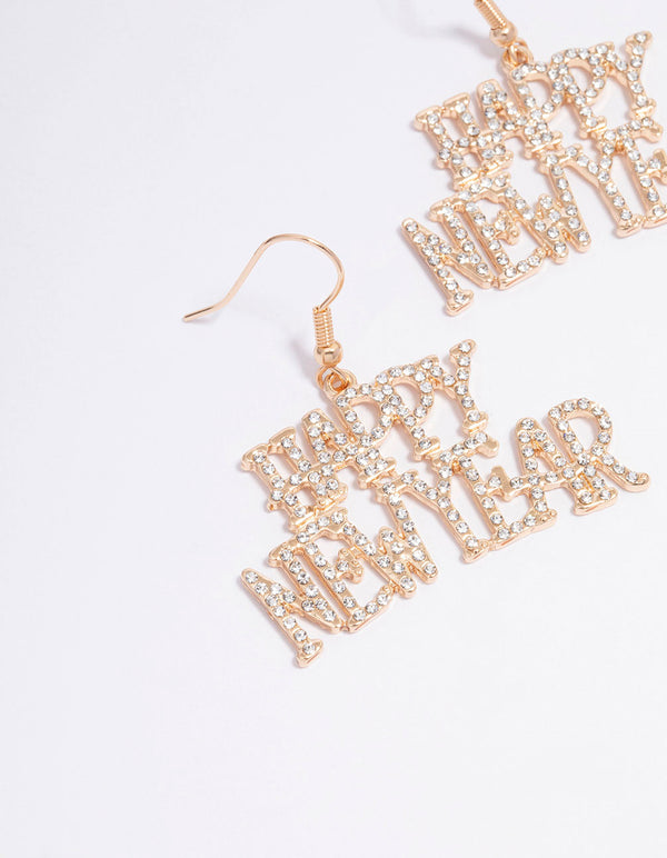 Gold Happy New Year Diamante Drop Earrings