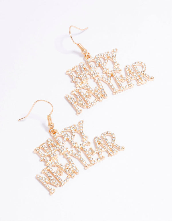 Gold Happy New Year Diamante Drop Earrings