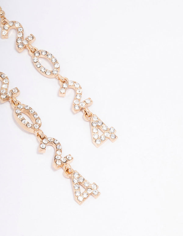 Gold 2024 Diamante Long New Years Drop Earrings