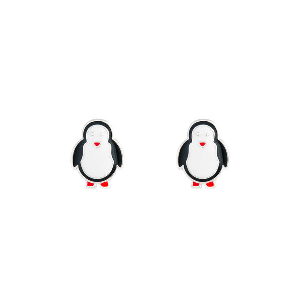 Silver Black & White Penguin Stud Earrings