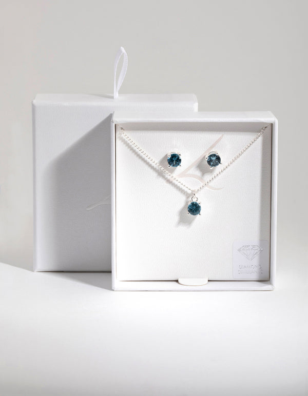 Silver Diamond Simulant Aqua Necklace & Earring Set