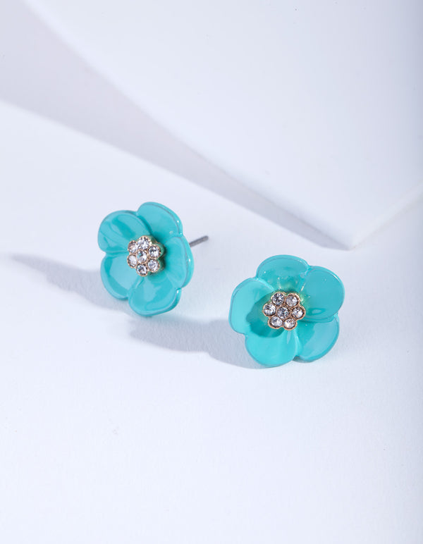 Teal Flower Diamante Stud Earrings