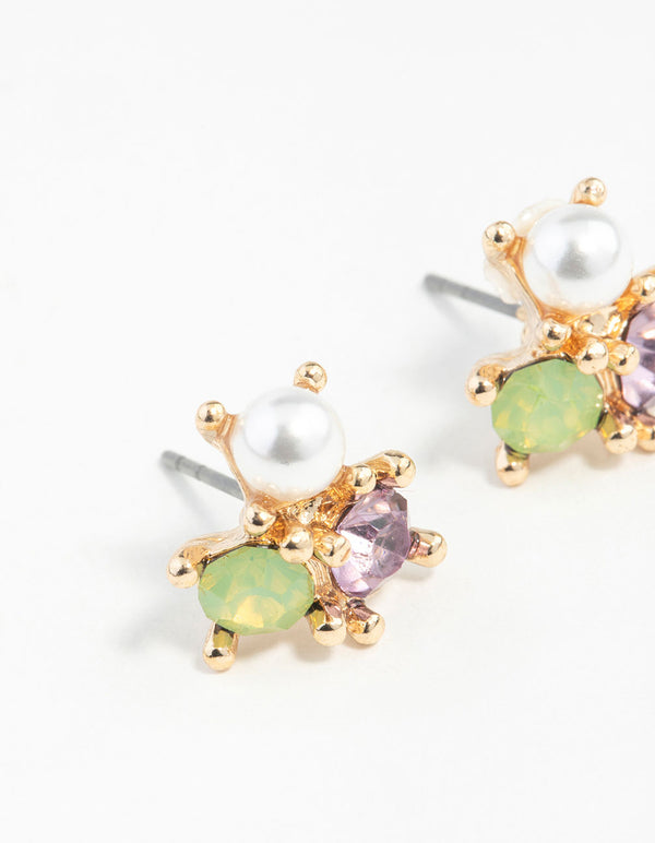 Gold Multi Stone Cluster Pearl Earrings
