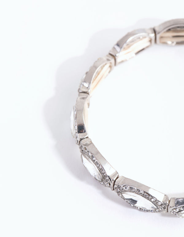 Silver Navette Stone Evil Eye Stretch Bracelet