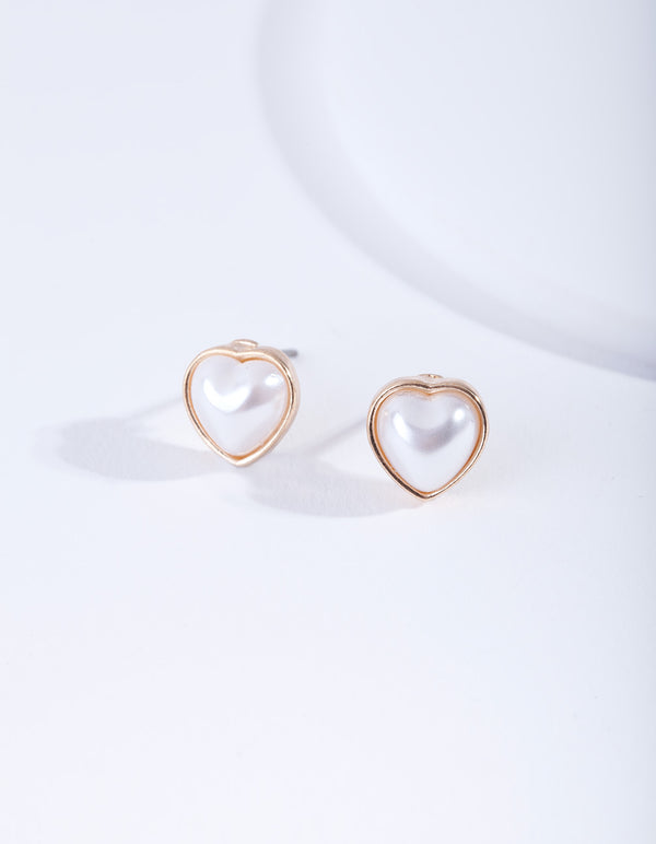 Gold Mini Pearl Heart Stud Earrings