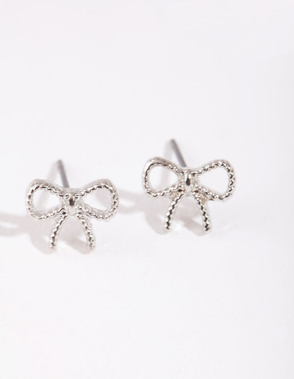 Rhodium Mini Twisted Bow Stud Earrings