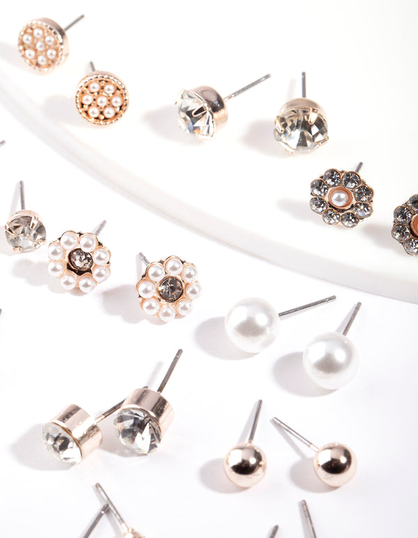Rose Gold Diamante Pearl Flower Earring 12-Pack