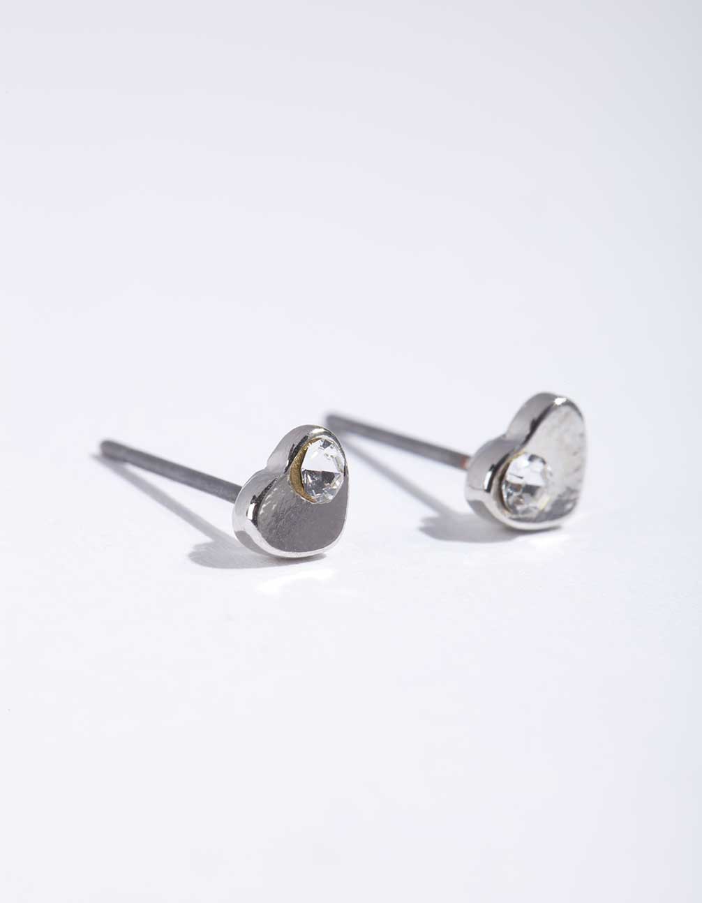 Silver Mini Diamante Heart Stud Earrings