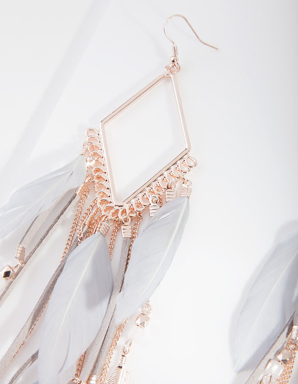 Rose Gold Diamante Chain Feather Earrings
