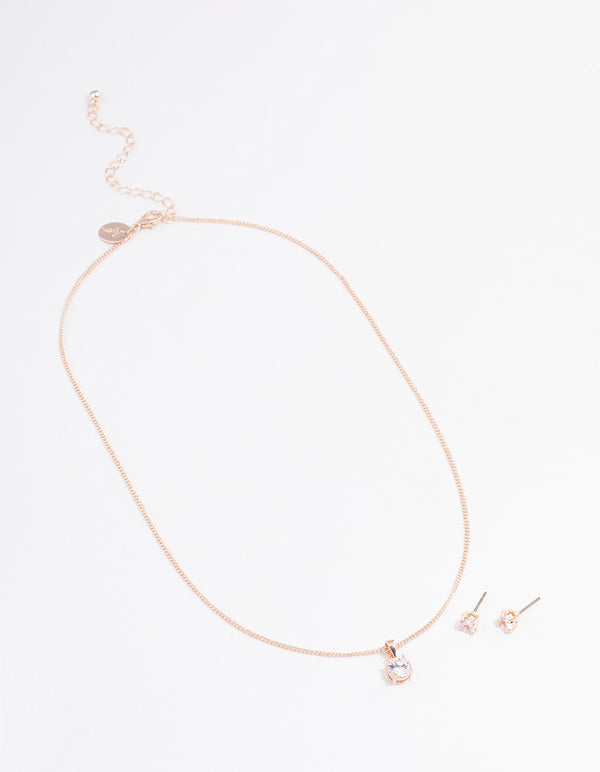 Rose Gold Cubic Zirconia Necklace Earrings Set