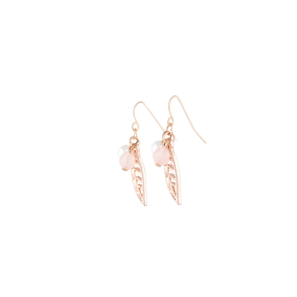Rose Gold Pink Bead Leaf Drop Earrings