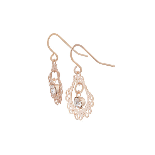 Ornate Rose Gold Drop Earrings With Centre Diamante