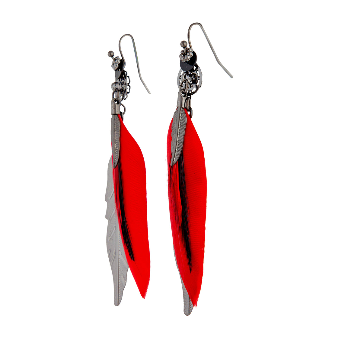 Red gunmetal Multi Feather Drop Earrings
