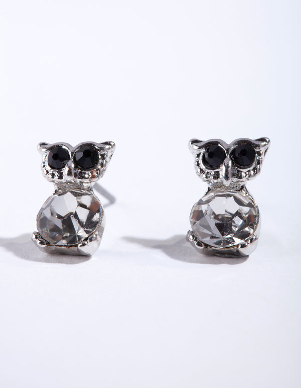 Silver Diamante Owl Stud Earrings