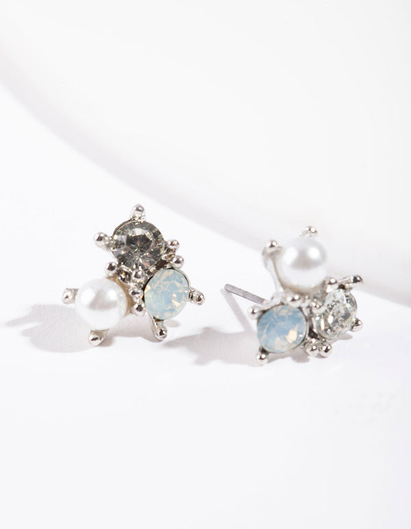 Rhodium Stone & Pearl Cluster Earrings
