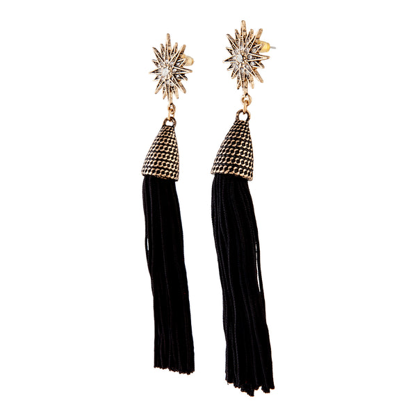 Black Antique Gold Star Stud Tassel Earrings