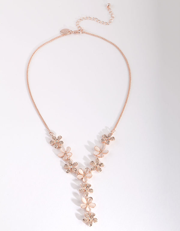 Rose Gold Acrylic & Diamante Flower Y Necklace